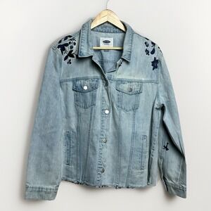 Old Navy Denim Jean Jacket Womens XXL Blue Embroidered Floral Raw Hem  Button Up